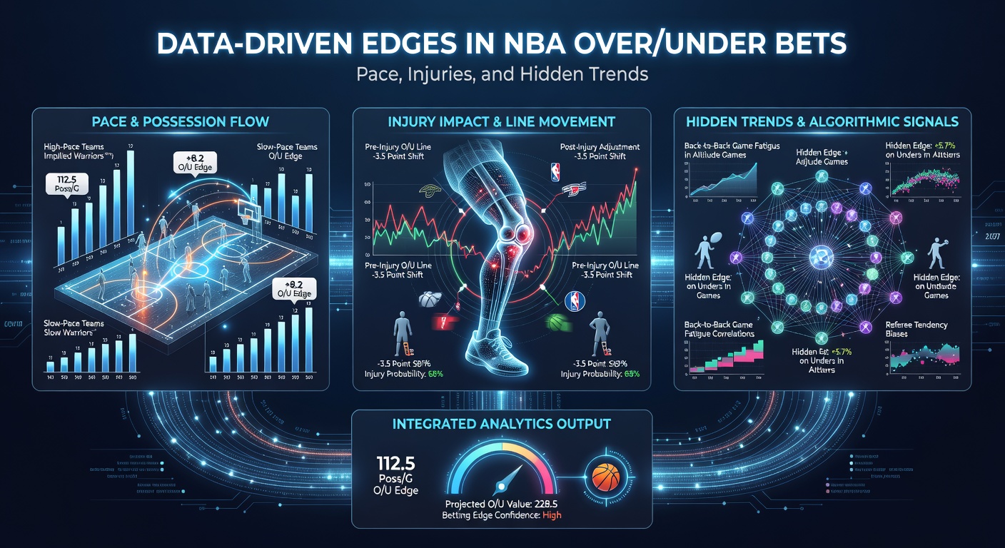 Close-up of NBA player on court with injury sideline visualization and pace adjustment charts