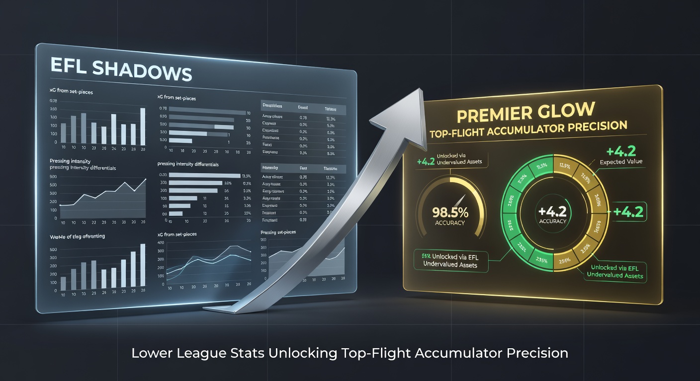 Statistical dashboard comparing EFL xG models to Premier League results, with graphs on player migrations and accumulator win rates