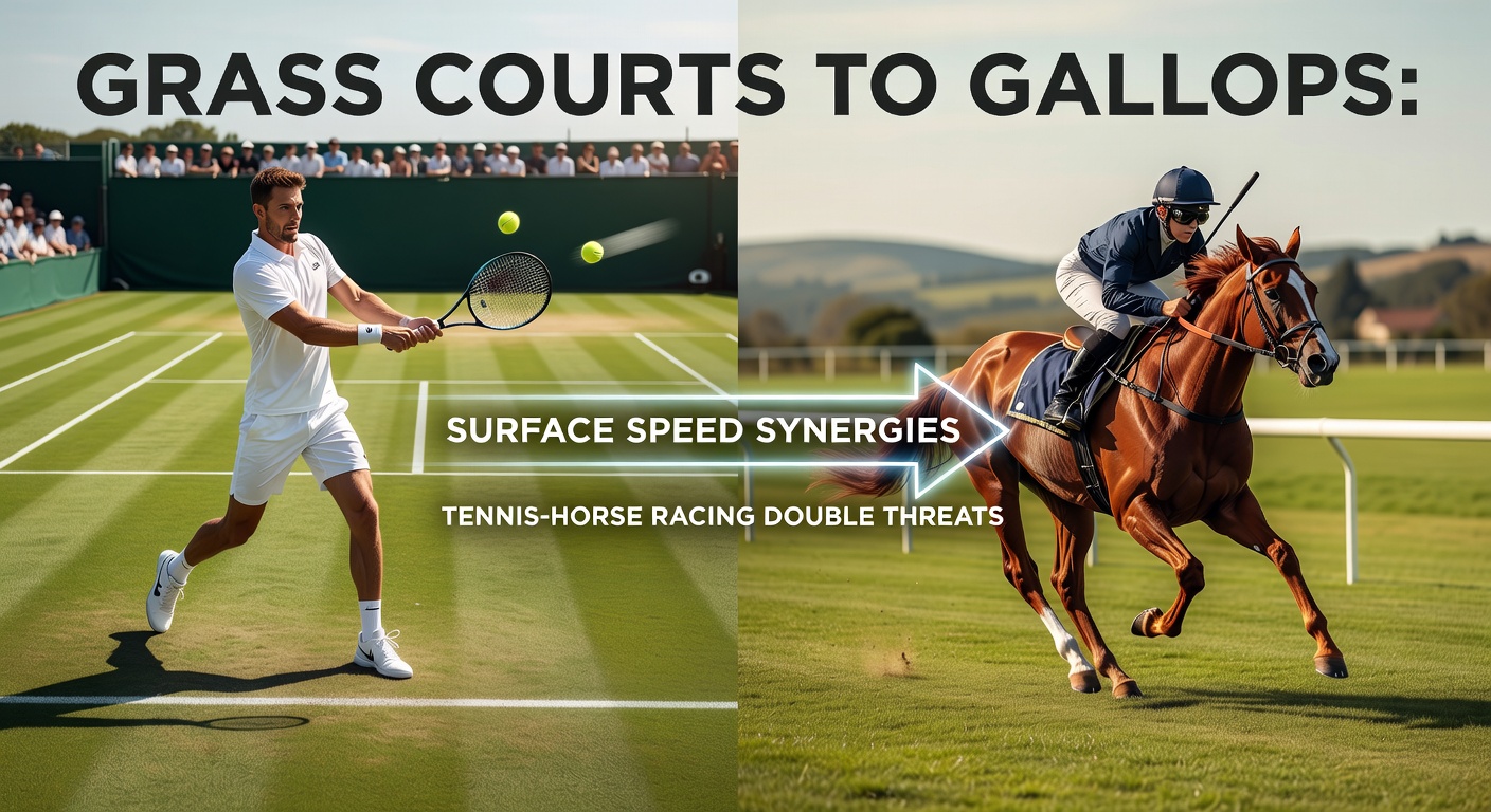 Close-up action shots: a tennis ace whizzing past a returner on green grass, juxtaposed with a horse surging ahead on a sun-baked gallop straight