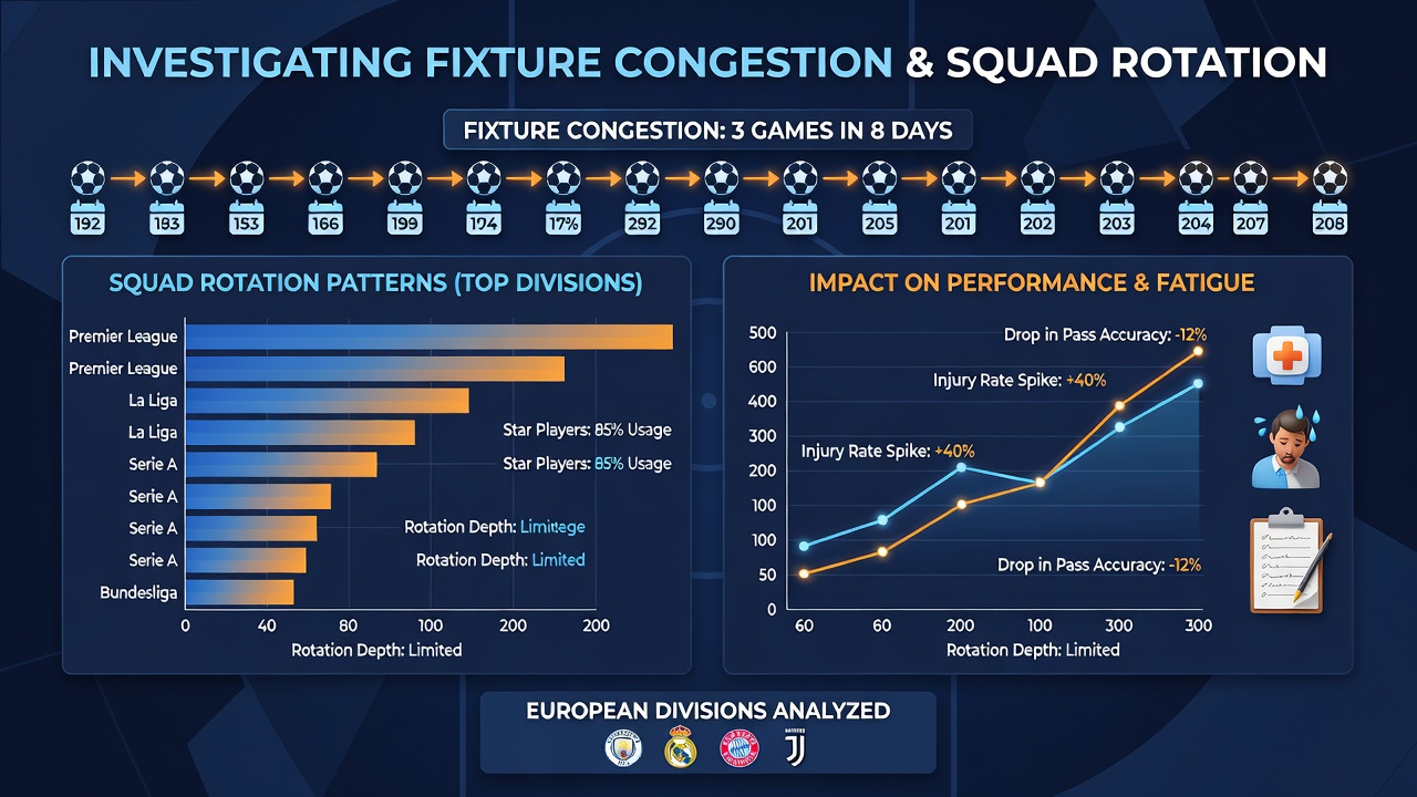 Squad rotation heatmaps comparing player minutes across congested fixture periods in European soccer leagues