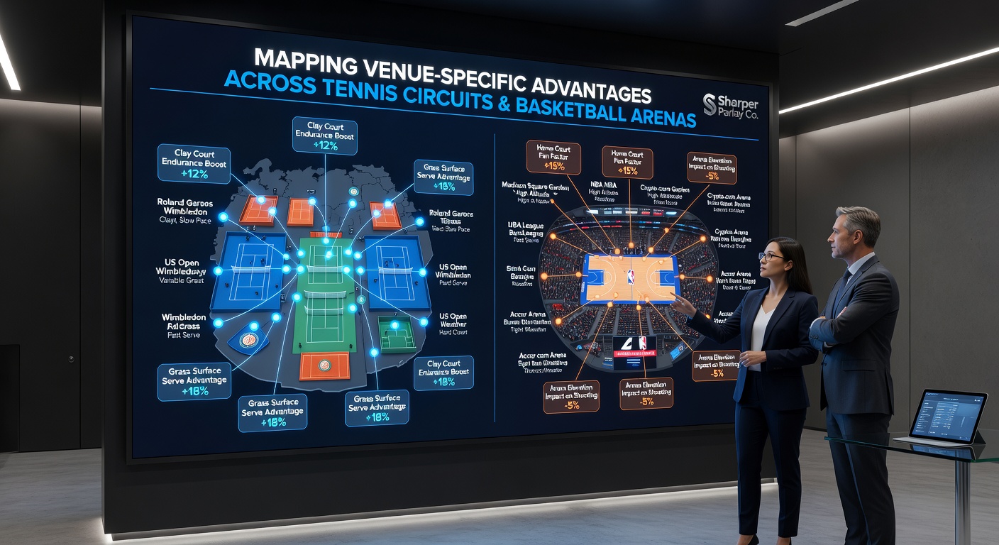 Data charts overlaying tennis surface stats with basketball arena performance metrics