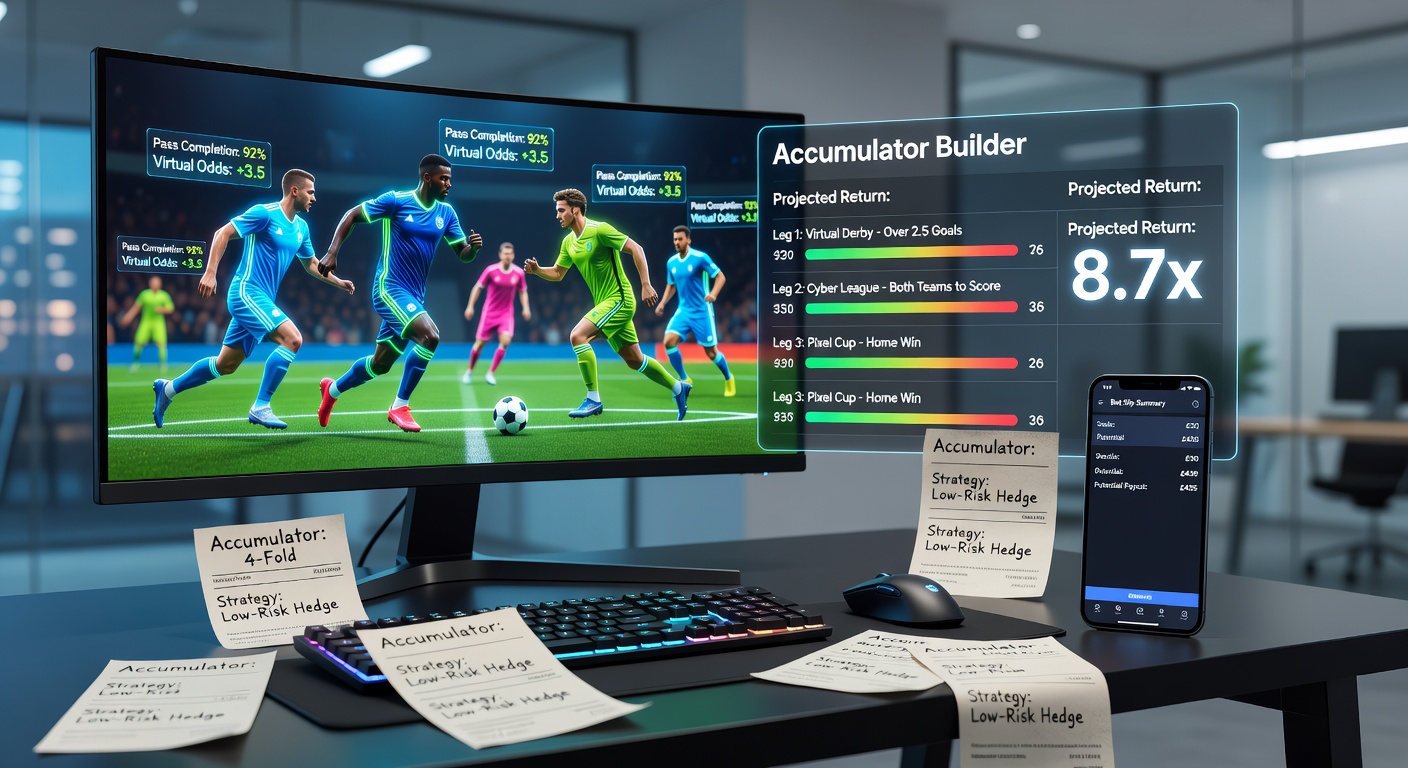Close-up of a bet slip on a smartphone screen displaying a multi-leg virtual horse racing accumulator with glowing odds and a confirm bet button