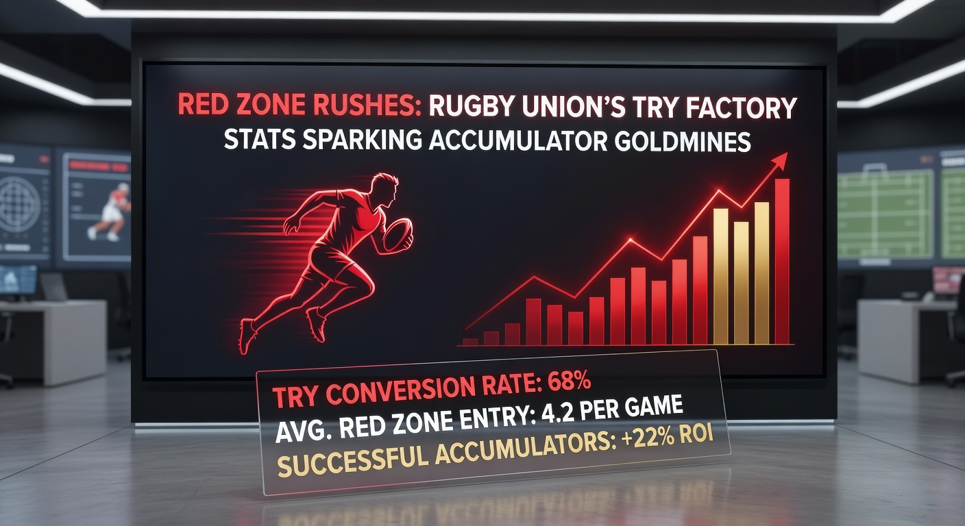 Close-up of a rugby try celebration in the red zone, with players piling on amid stadium lights, symbolizing betting accumulator success