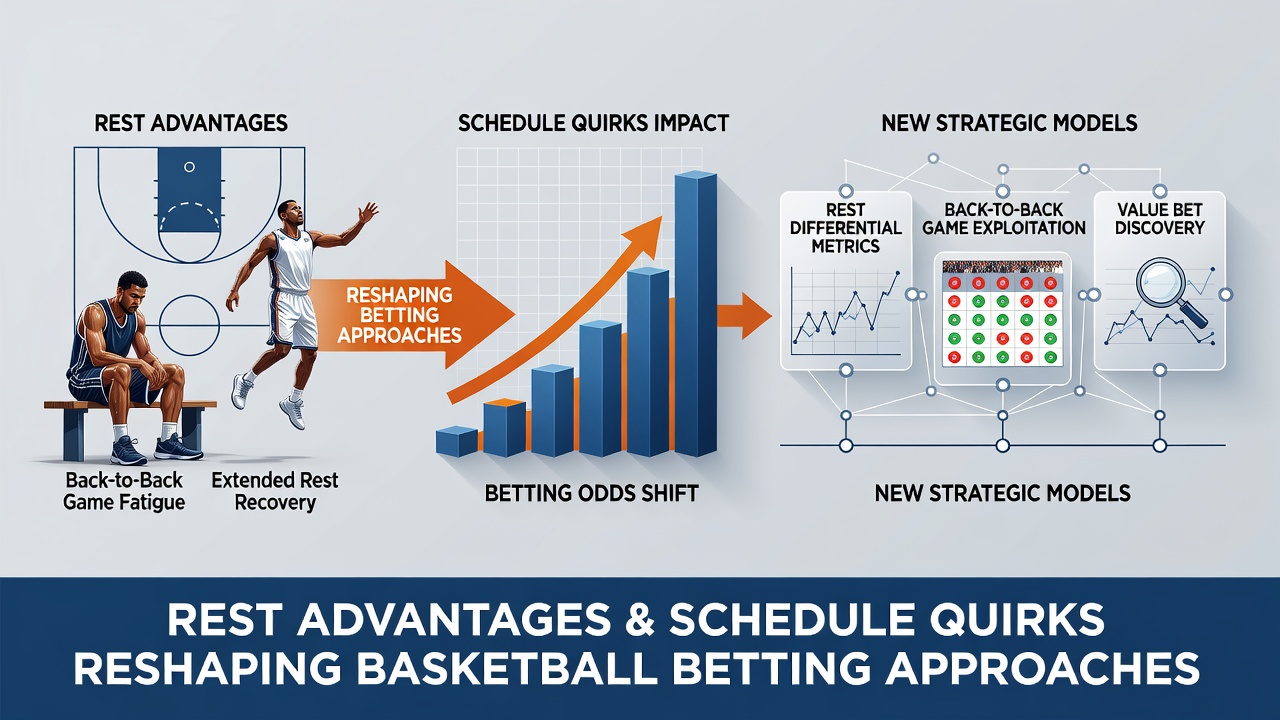 Basketball court with overlaid schedule data charts illustrating rest and travel factors