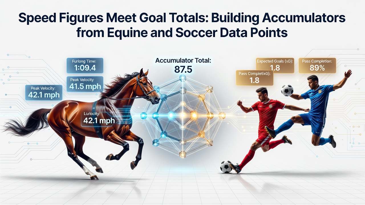 Split-screen view showing real-time equine speed ratings and live soccer goal expectation models updating simultaneously