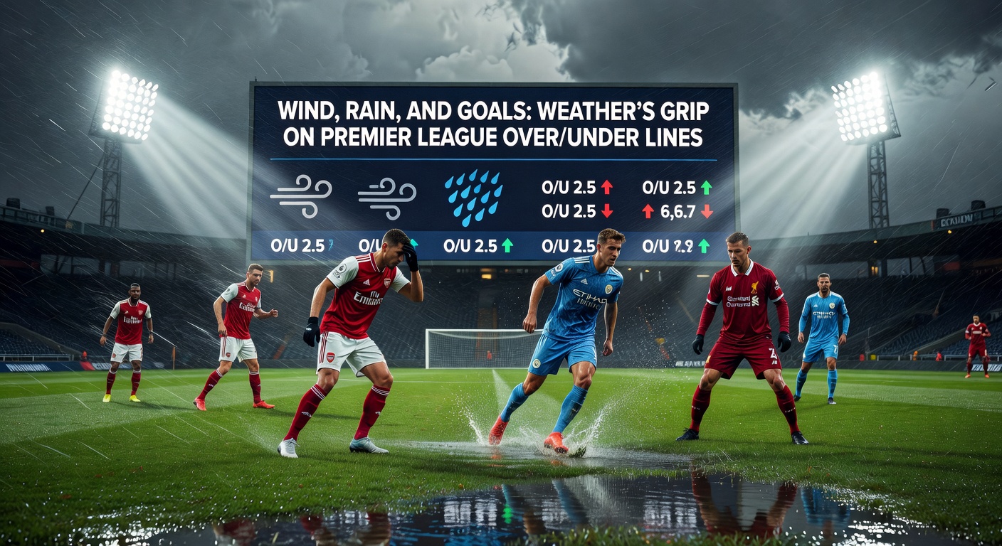 Wind-swept Premier League players battling a cross whipped high by strong gusts, demonstrating how elements disrupt set-piece precision